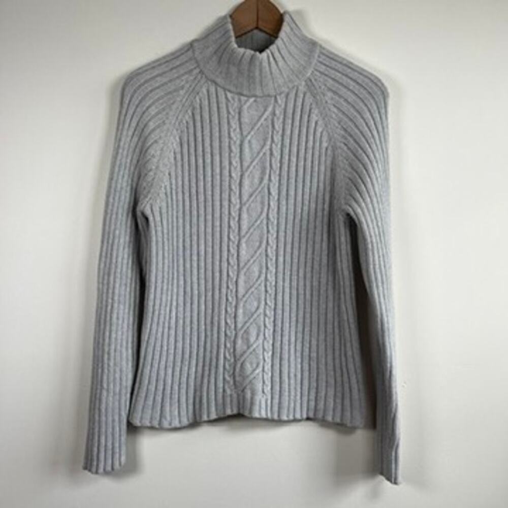 Crystal Kobe Light Gray Ribbed Cable Knit Mock Neck Cotton Sweater Women Size M